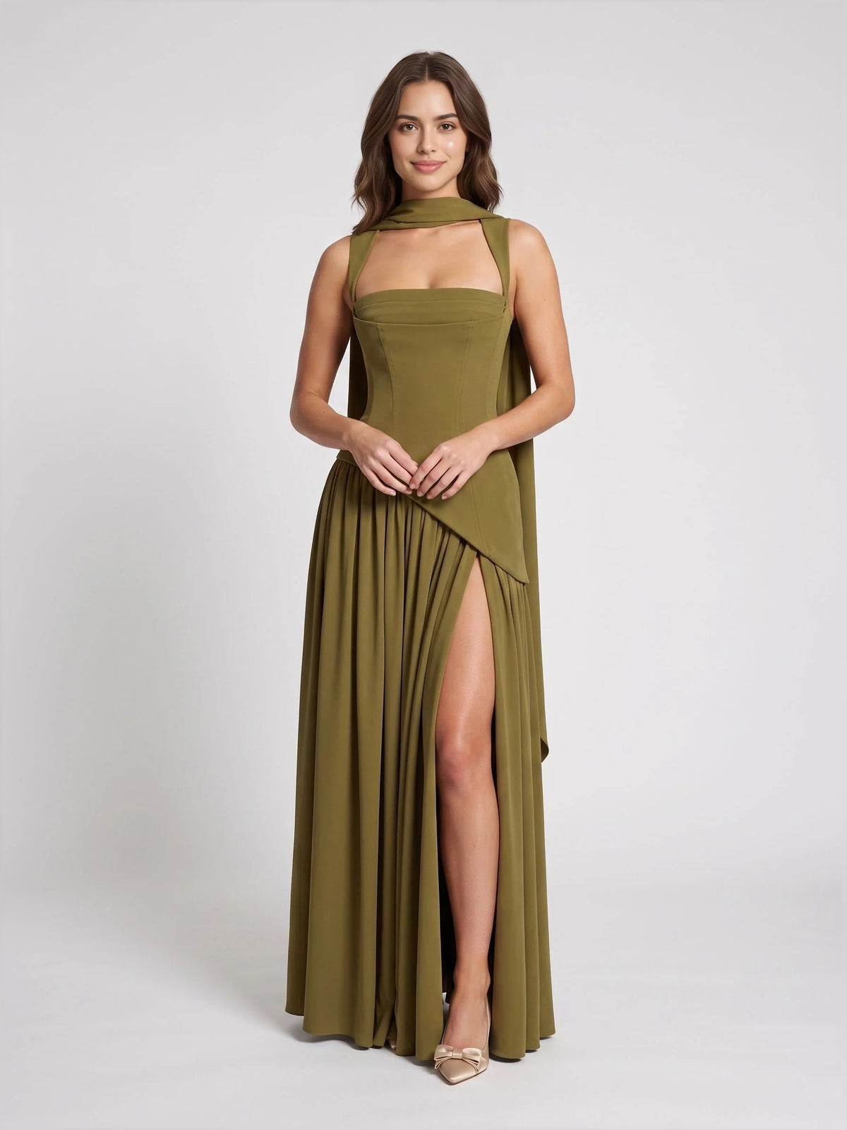 Olive Green floor-length bridesmaid dress, front view showing the a-line silhouette