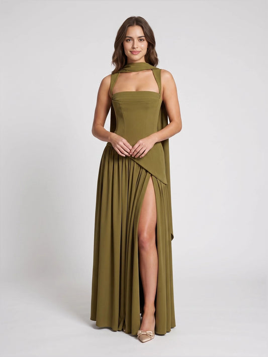 Olive Green floor-length bridesmaid dress, front view showing the a-line silhouette