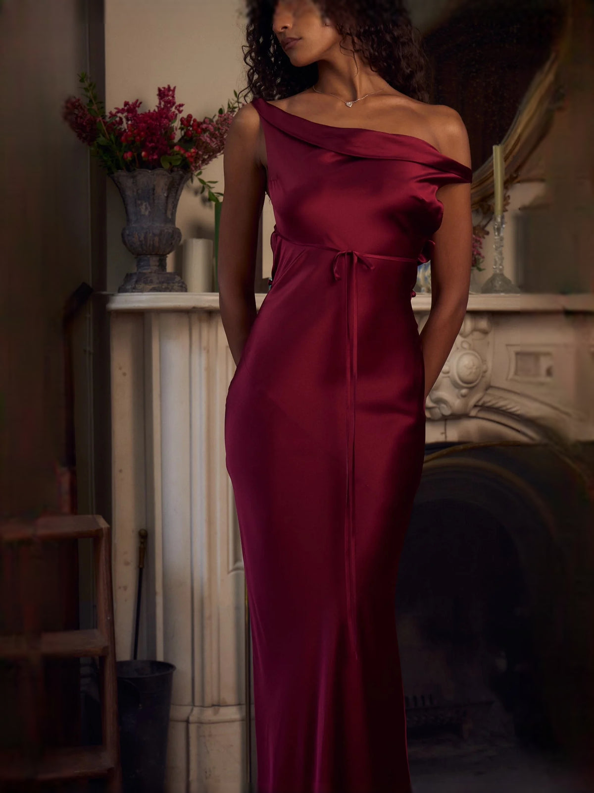 Red floor-length prom dress, front view showing the sheath silhouette