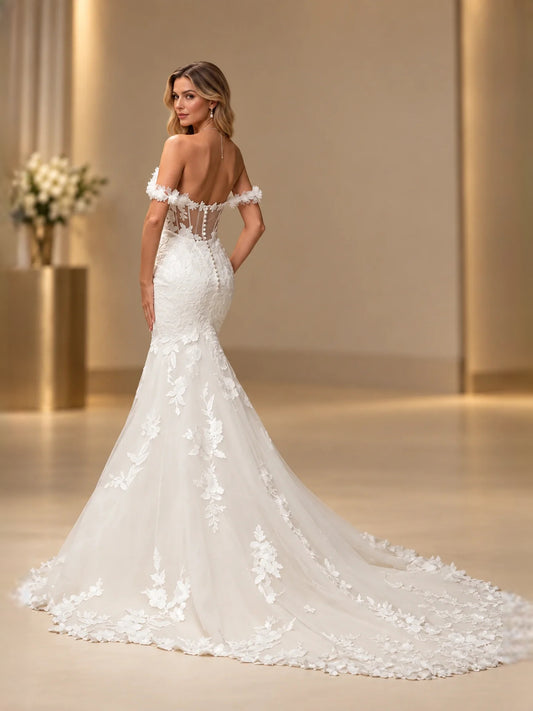 White floor-length wedding dress, front view showing the mermaid silhouette