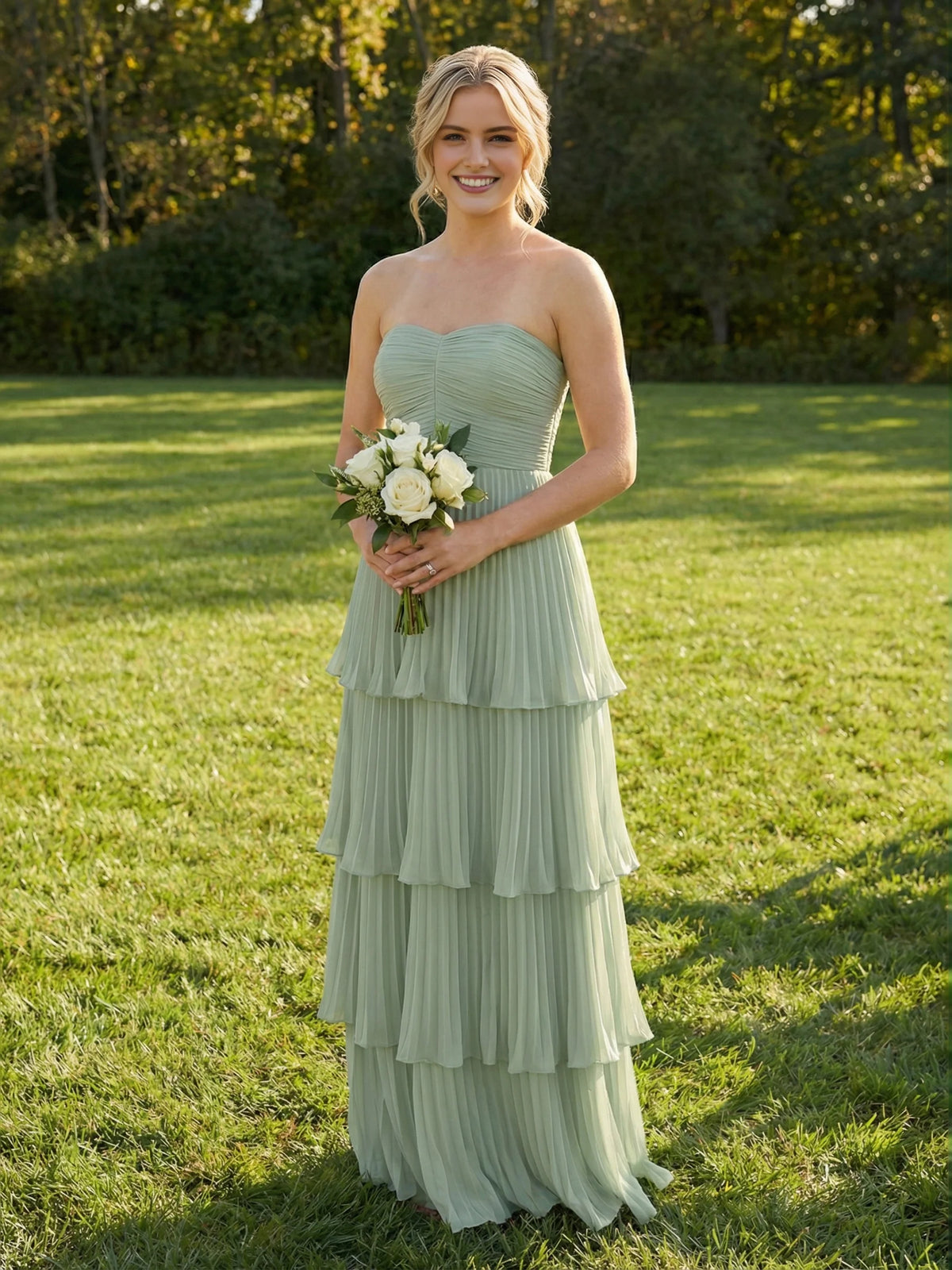 Dusty Sage maxi bridesmaid dress, front view showing the a-line silhouette