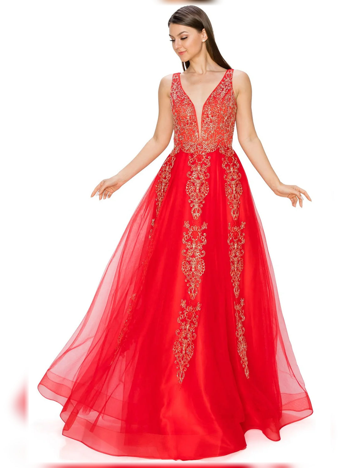 Red floor-length bridesmaid dress, front view showing the a-line silhouette