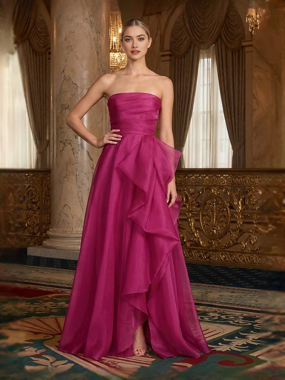 Hot Pink floor-length prom dress, front view showing the a-line silhouette