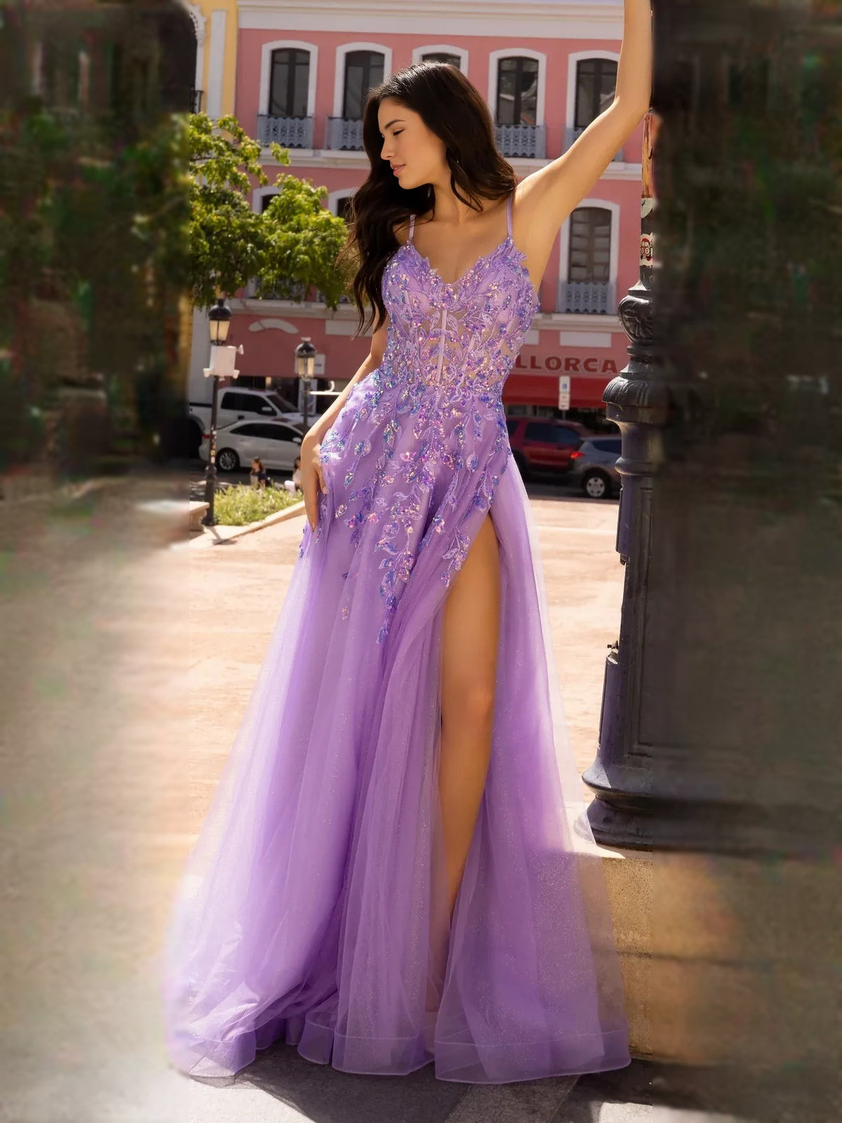 Lilac floor-length prom dress, front view showing the a-line silhouette