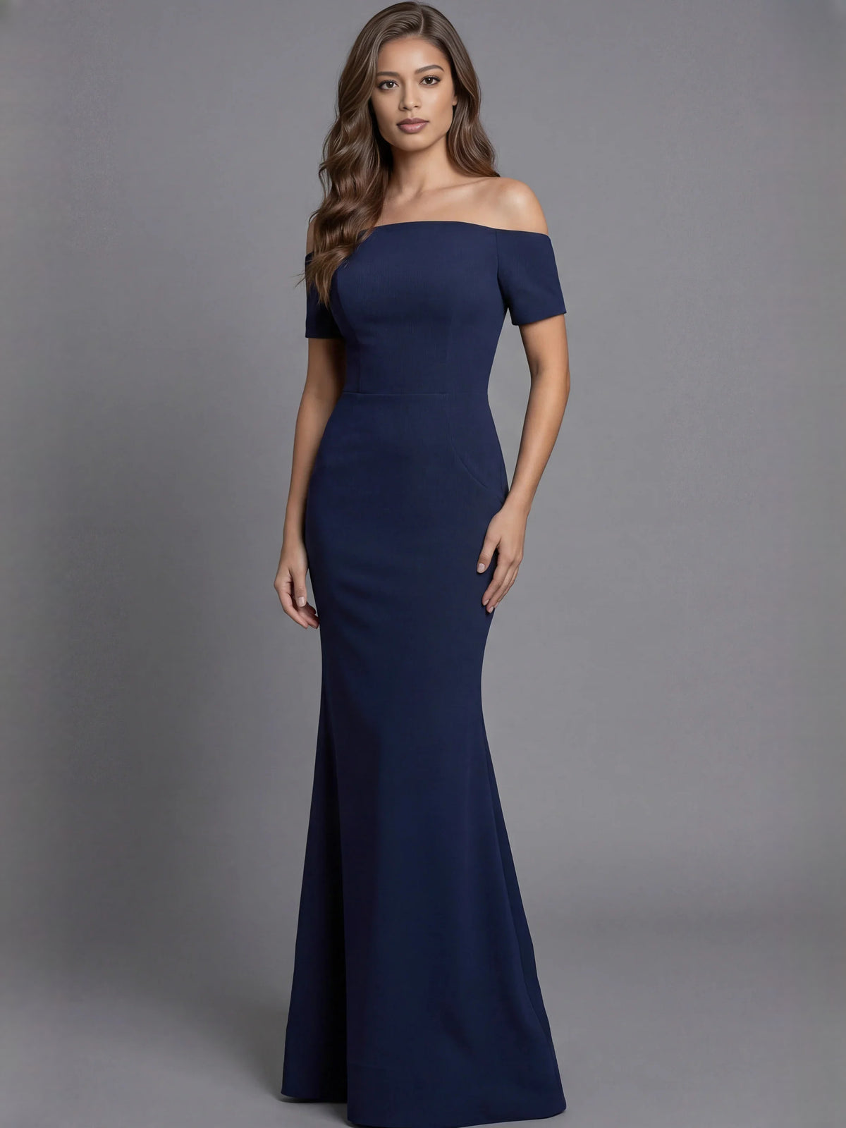 Navy Blue mermaid floor-length formal dress with off-the-shoulder neckline, full-length front view