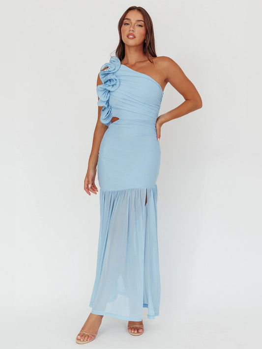 Blue sheath maxi formal dress with one-shoulder neckline, full-length front view