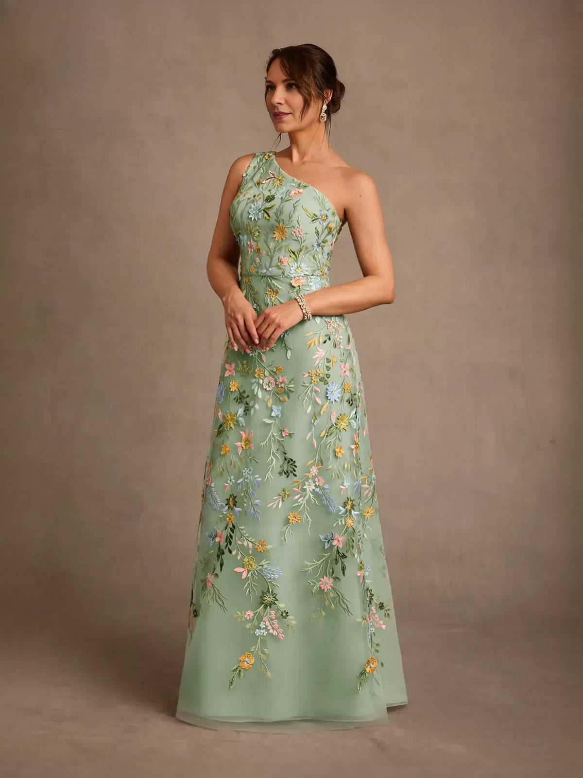 Dusty Sage floor-length prom dress, front view showing the a-line silhouette