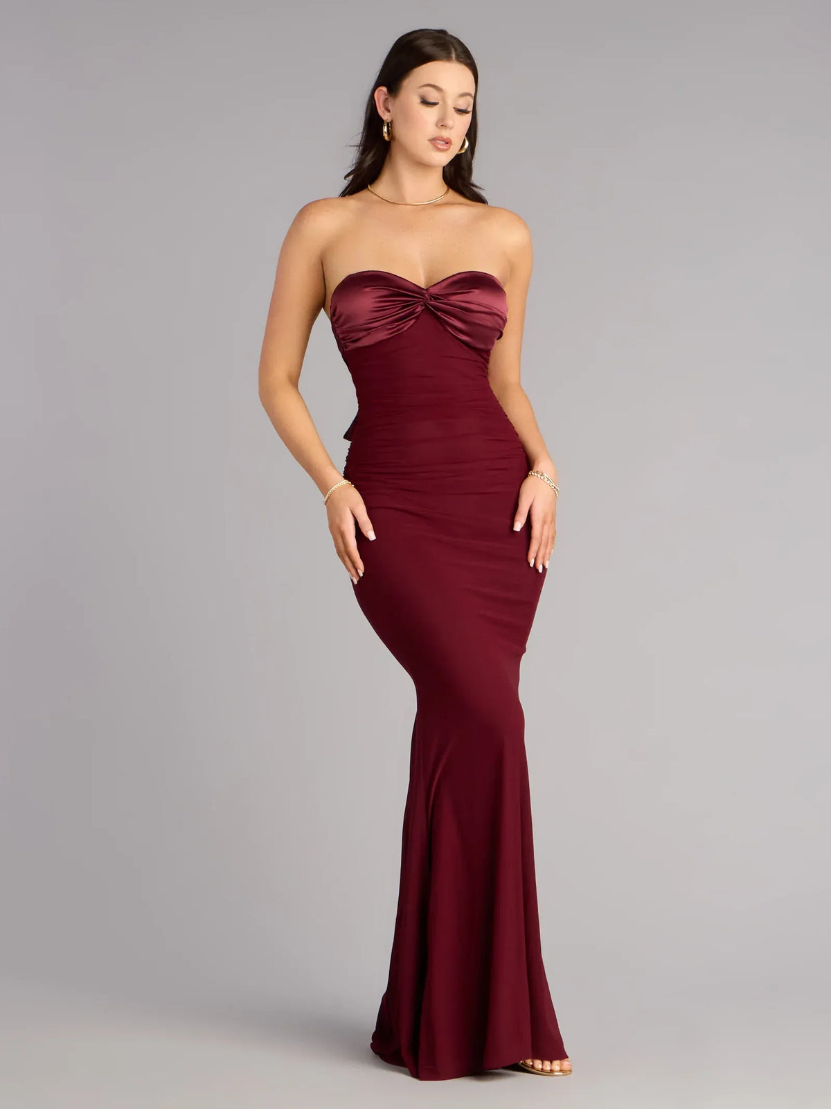 Wine mermaid floor-length formal dress with strapless neckline, full-length front view