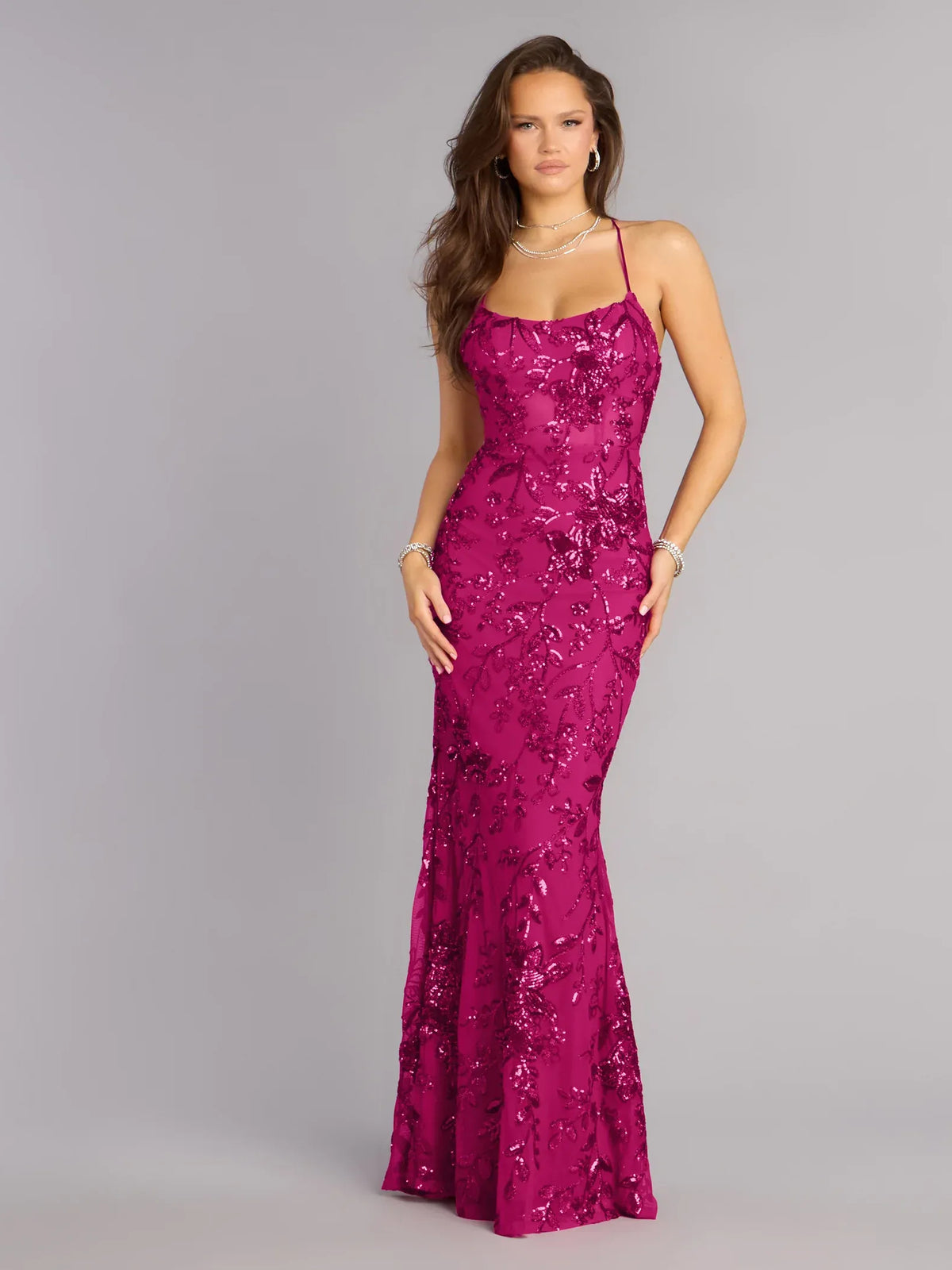 Fuchsia mermaid floor-length formal dress with sweetheart neckline, full-length front view