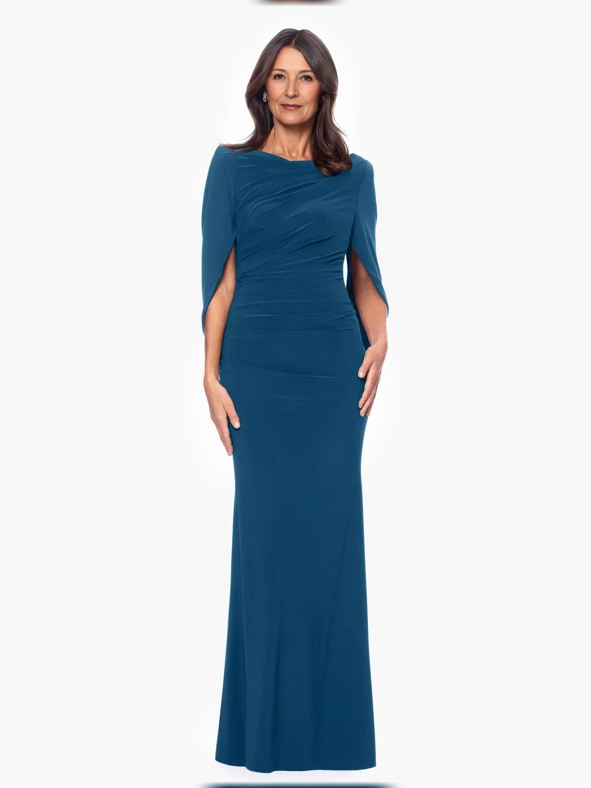 Teal floor-length mother of the bride dress, front view showing the mermaid silhouette