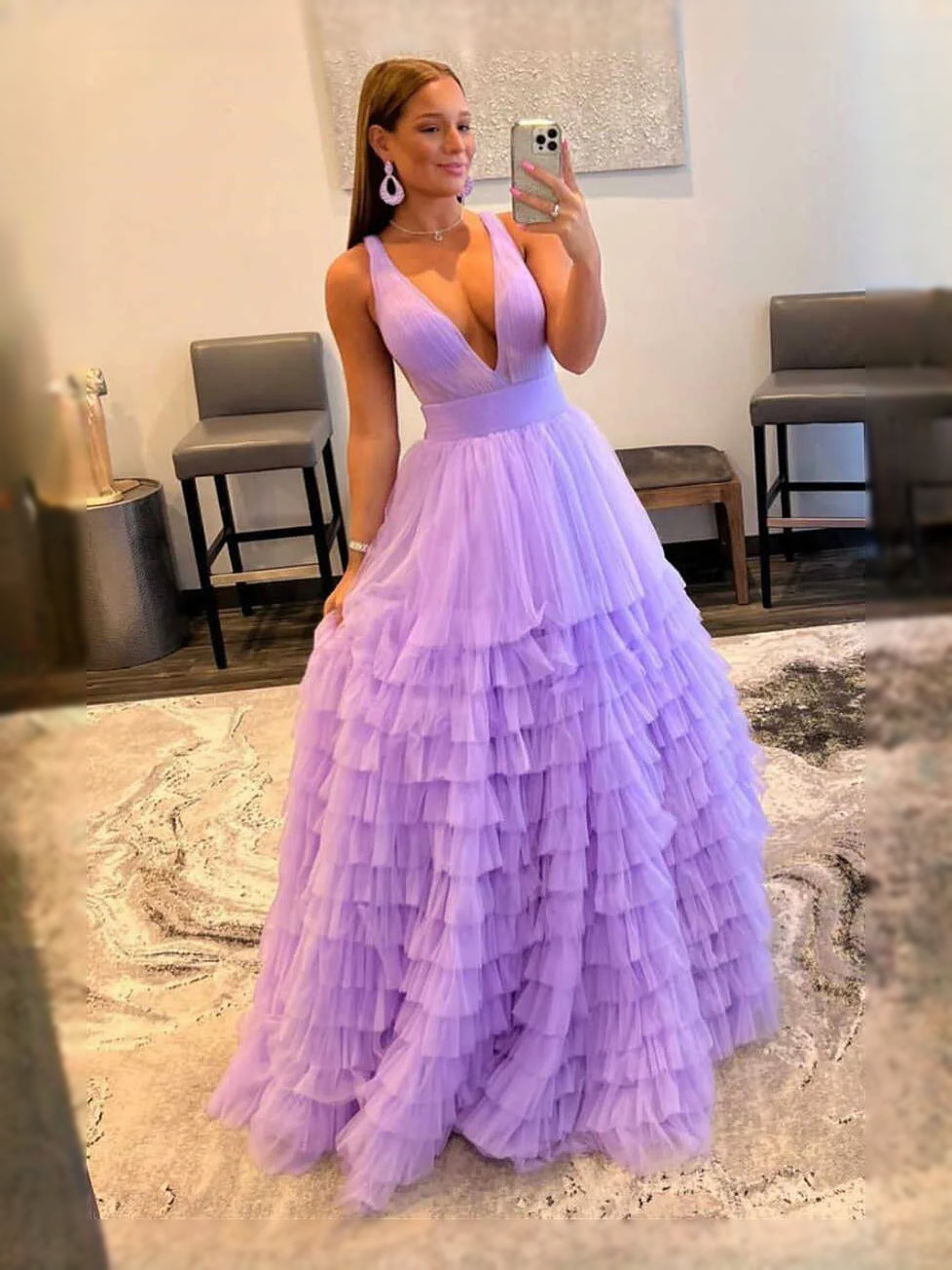 Lavender maxi prom dress, front view showing the a-line silhouette