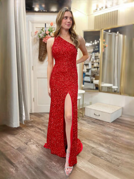 Red floor-length prom dress, front view showing the mermaid silhouette