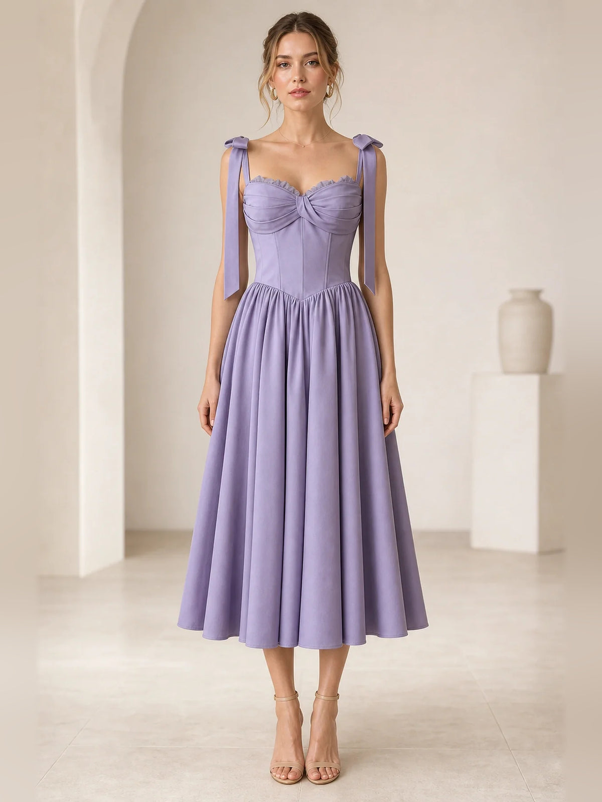 Lilac midi homecoming dress, alternate view showing the full-length silhouette
