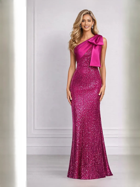 Fuchsia floor-length prom dress, front view showing the sheath silhouette