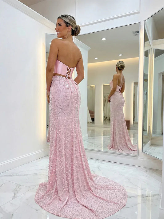 Blush Pink floor-length prom dress, front view showing the mermaid silhouette