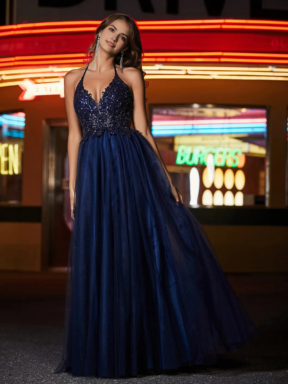 Navy Blue floor-length prom dress, front view showing the a-line silhouette