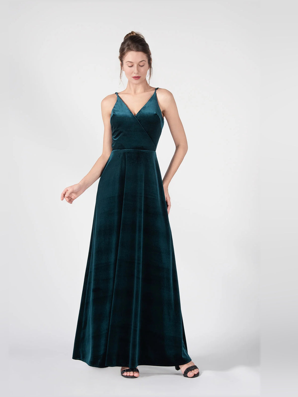 Dark Green a-line floor-length formal dress with V-neckline, full-length front view