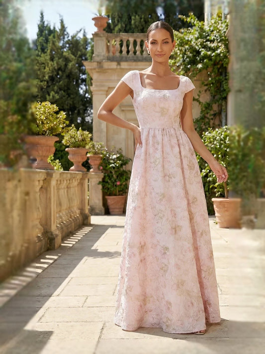 Blush Pink floor-length mother of the bride dress, front view showing the a-line silhouette