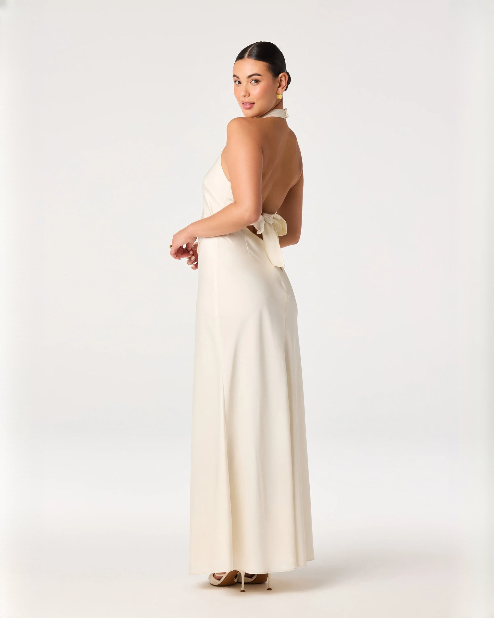 halter neck satin a-line maxi bridesmaid dress - image 1