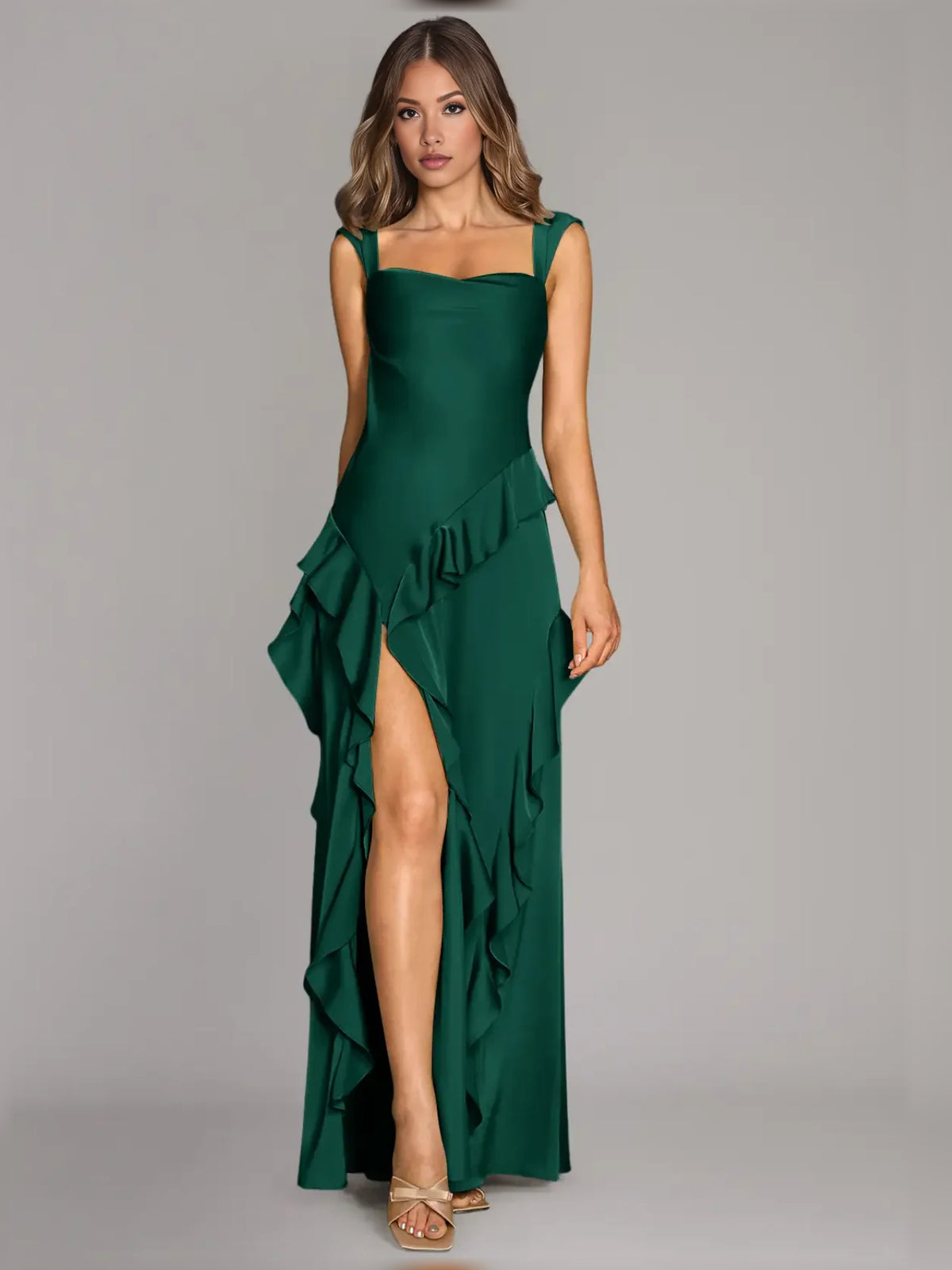 Dark Green maxi bridesmaid dress, front view showing the a-line silhouette