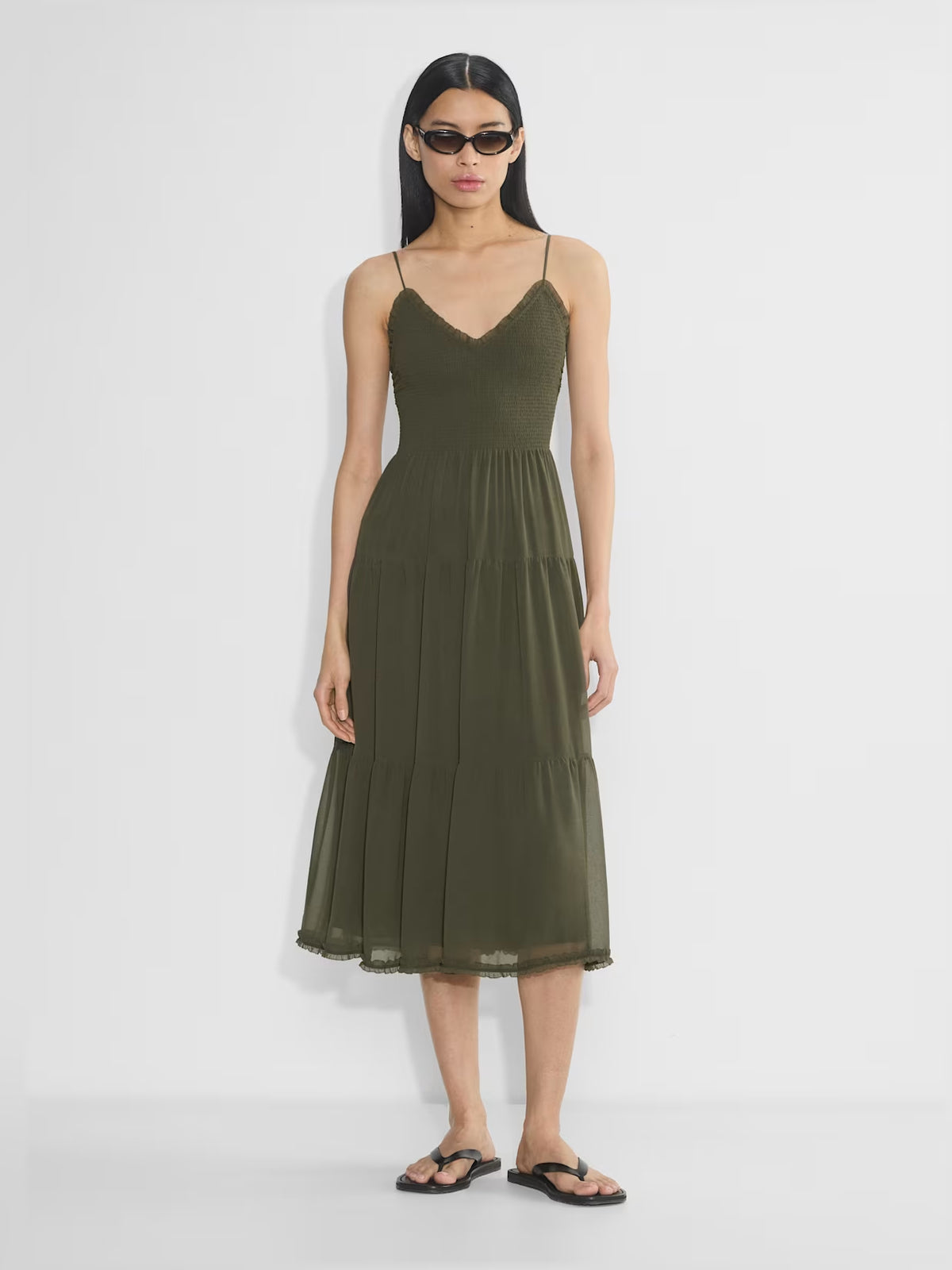 olive midi formal dress with V-neckline, full-length front view