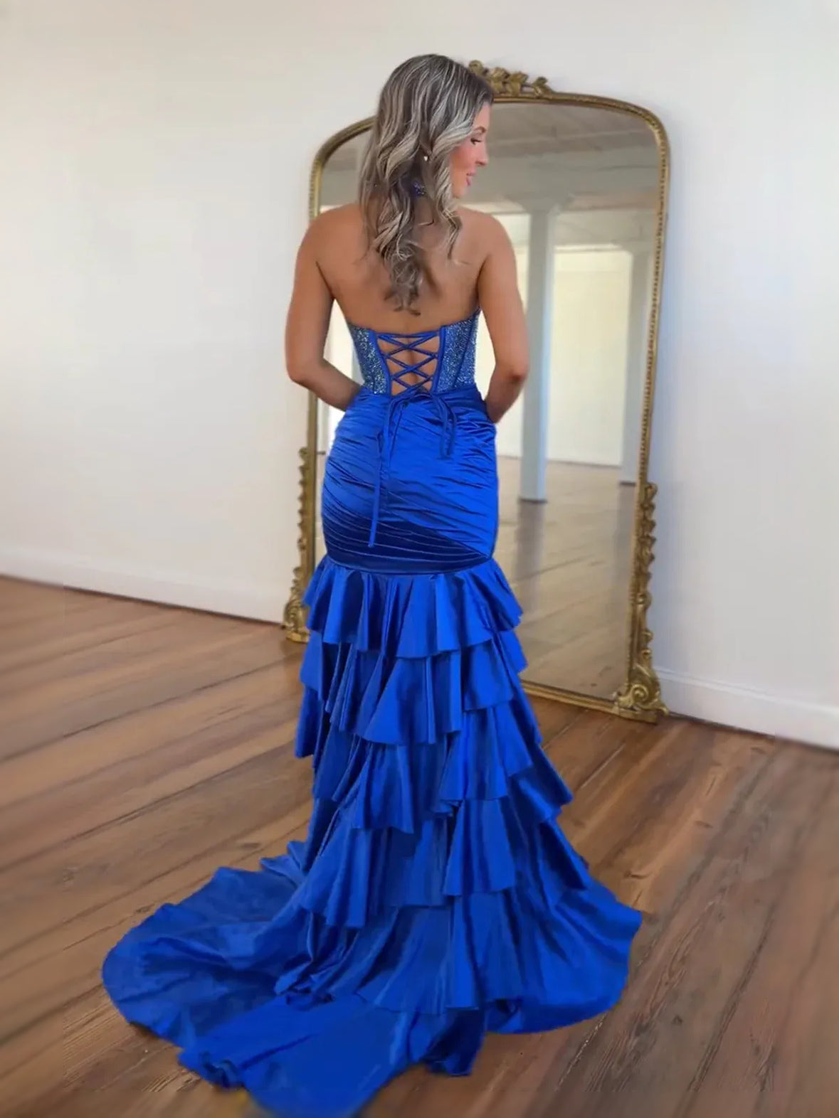 Cobalt Blue floor-length prom dress, front view showing the mermaid silhouette
