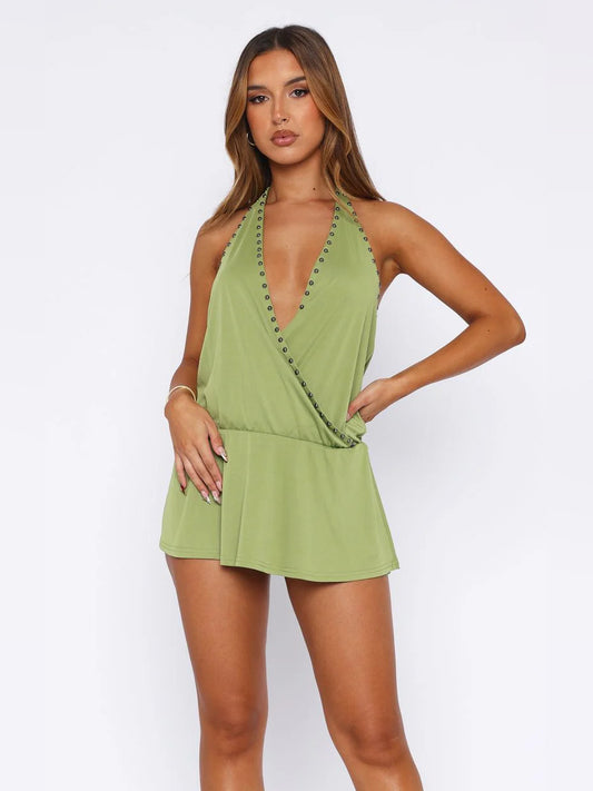 Olive mini homecoming dress, front view showing the silhouette