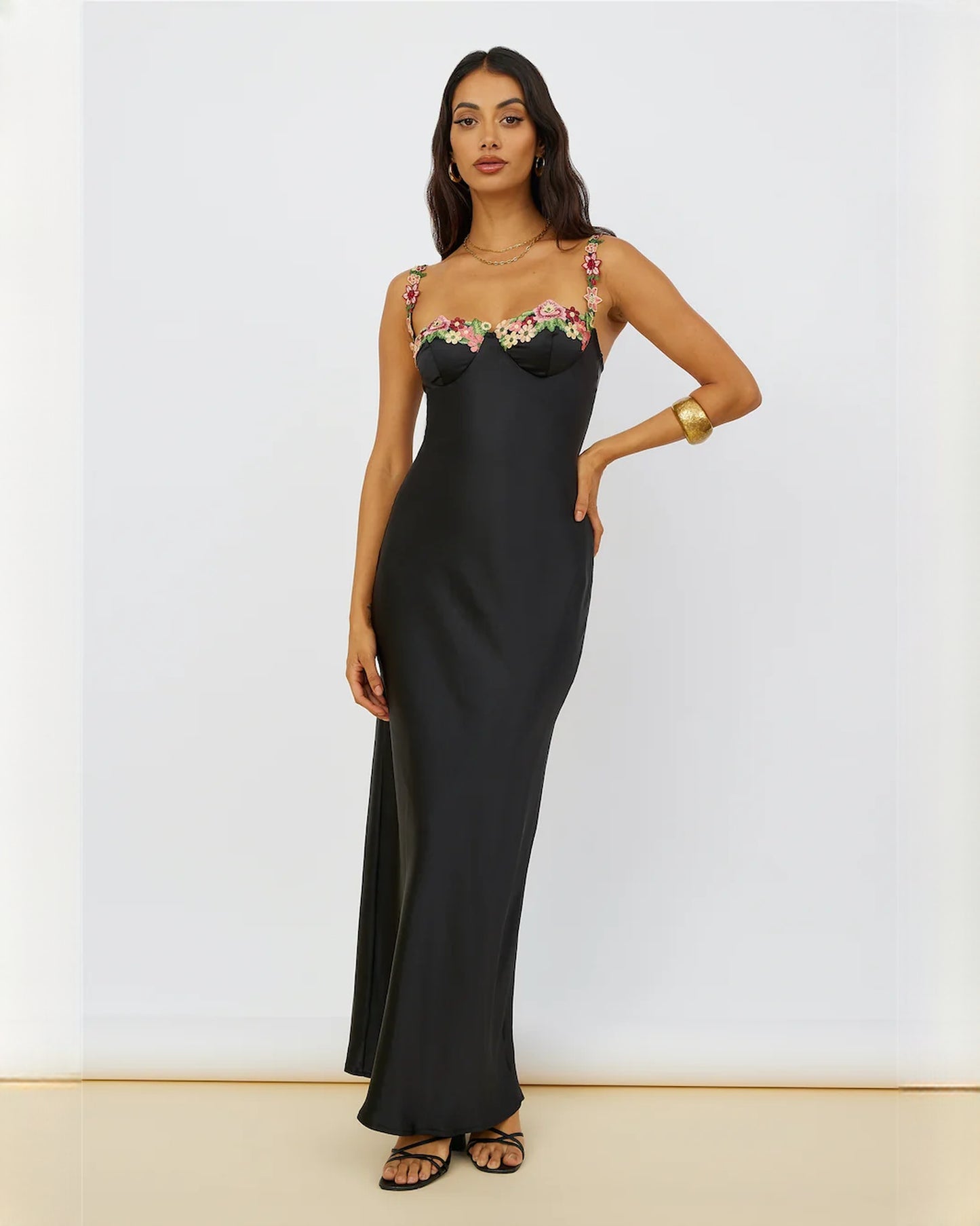 sleeveless satin a-line maxi bridesmaid dress - image 1