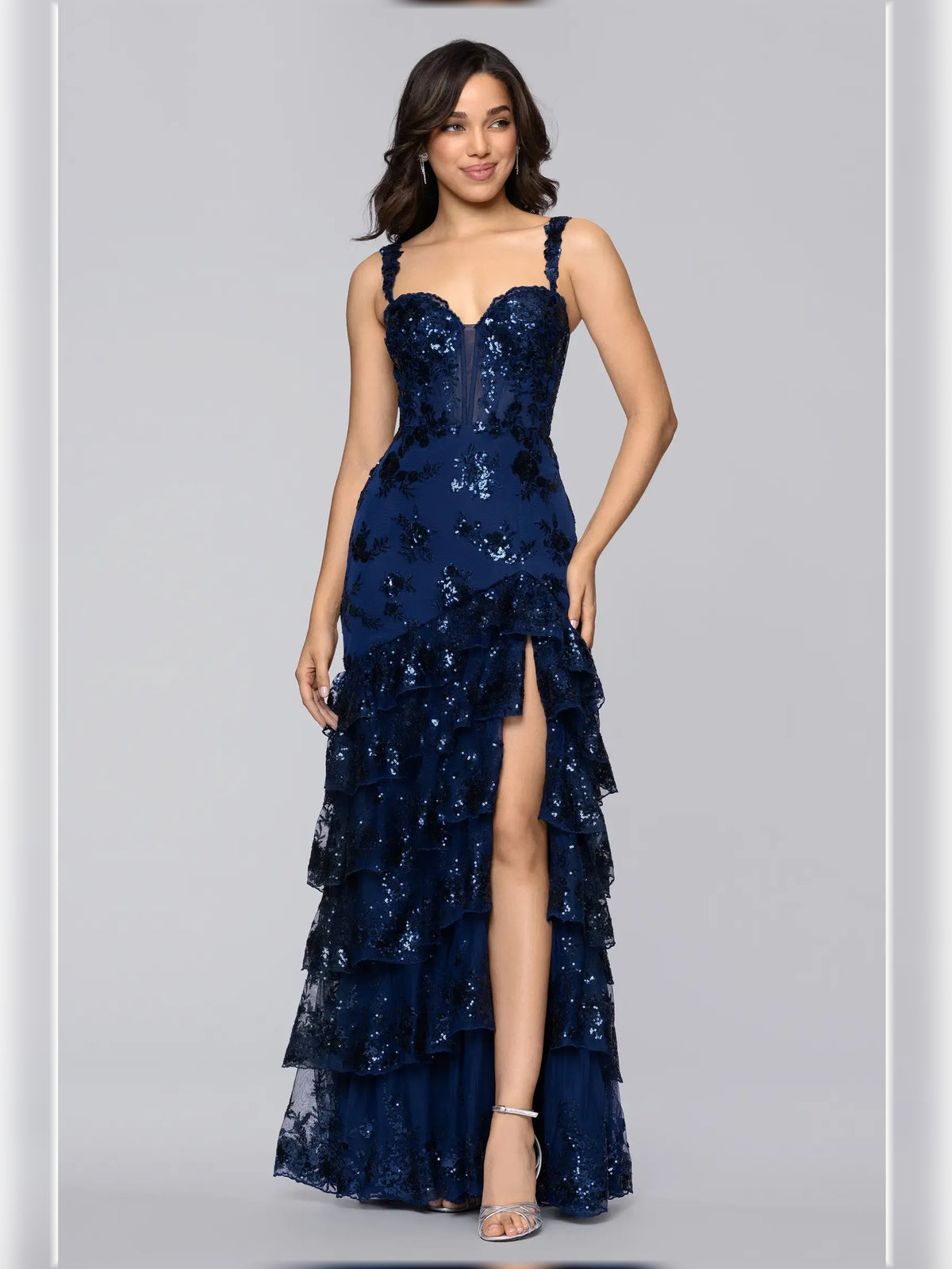 Navy Blue mermaid floor-length formal dress with sweetheart neckline, full-length front view