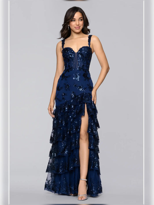 Navy Blue mermaid floor-length formal dress with sweetheart neckline, full-length front view