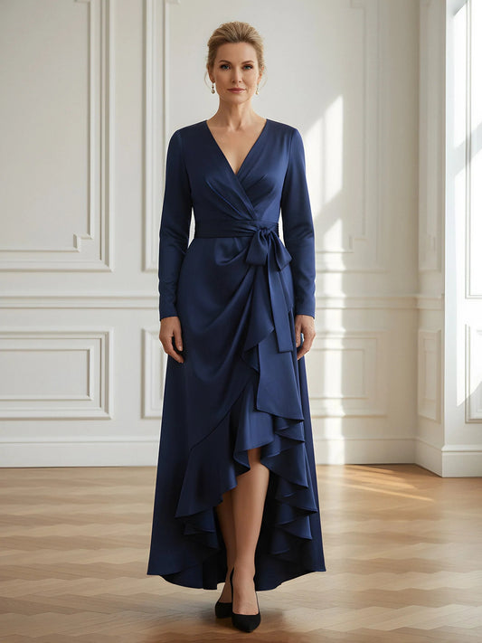 Dark Navy high-low mother of the bride dress, front view showing the sheath silhouette