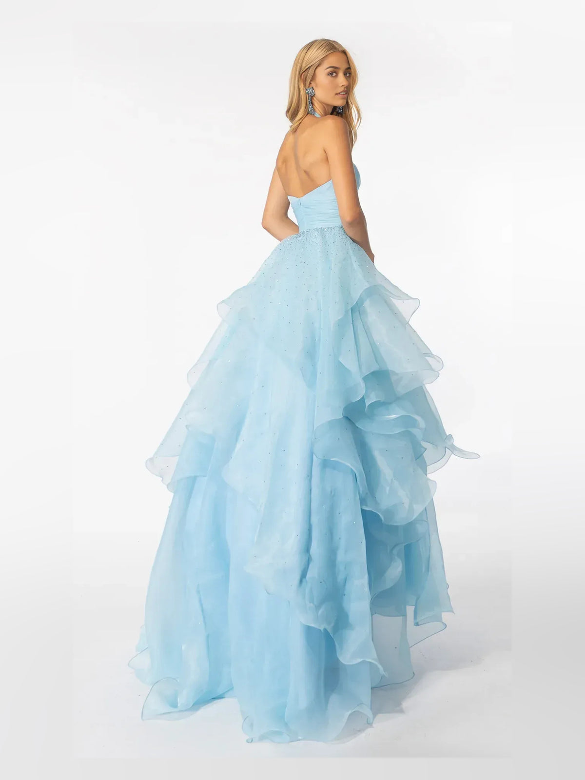 Light Blue floor-length prom dress, front view showing the a-line silhouette