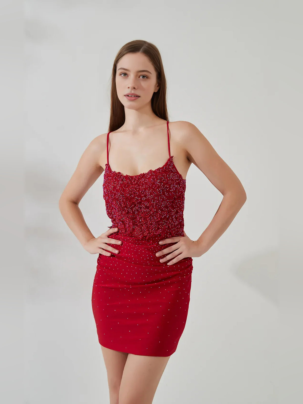 Red mini homecoming dress, alternate view showing the full-length silhouette