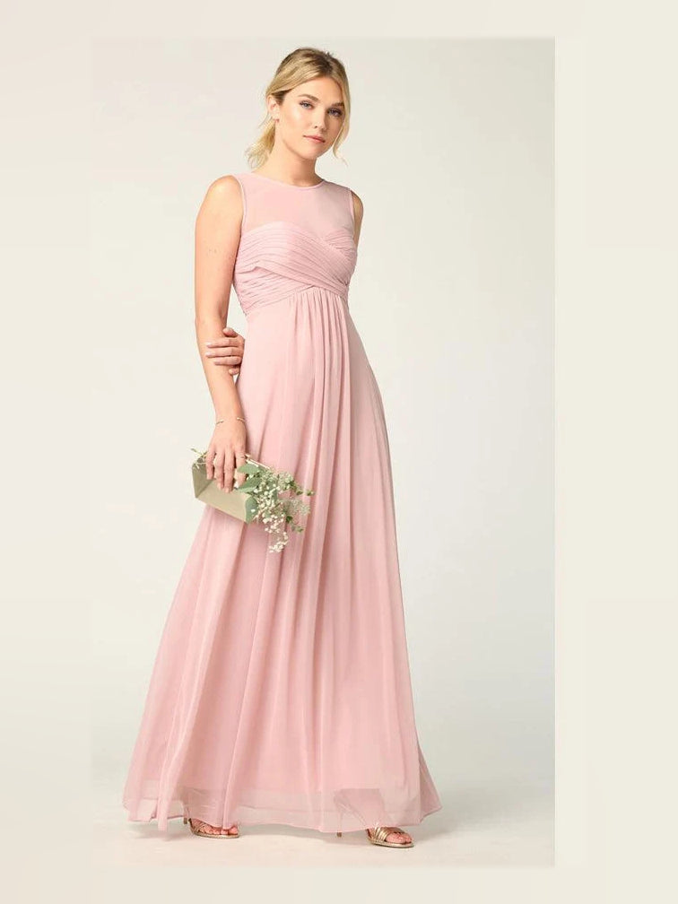 Blush Pink maxi bridesmaid dress, front view showing the a-line silhouette