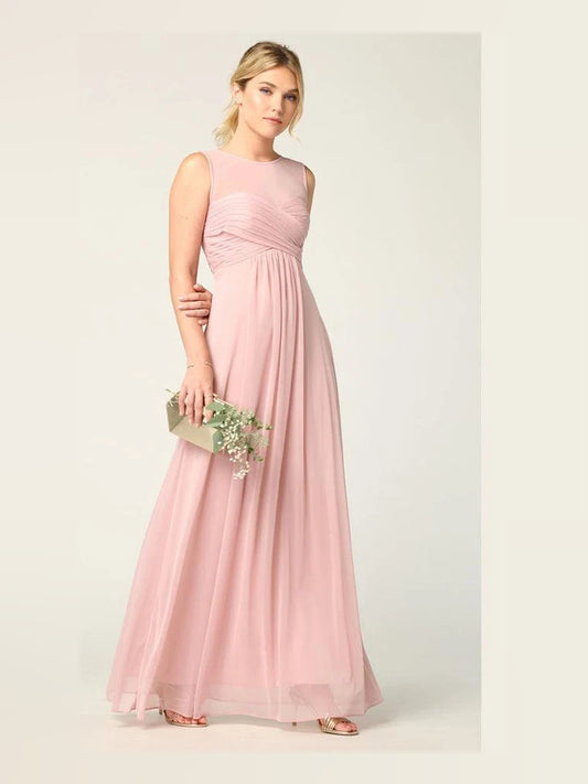 Blush Pink maxi bridesmaid dress, front view showing the a-line silhouette