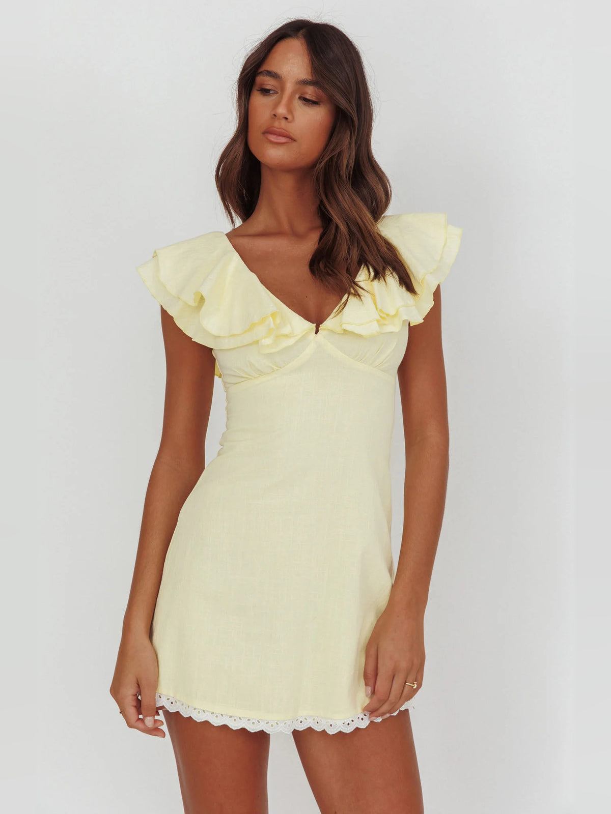 Butter mini homecoming dress, front view showing the silhouette
