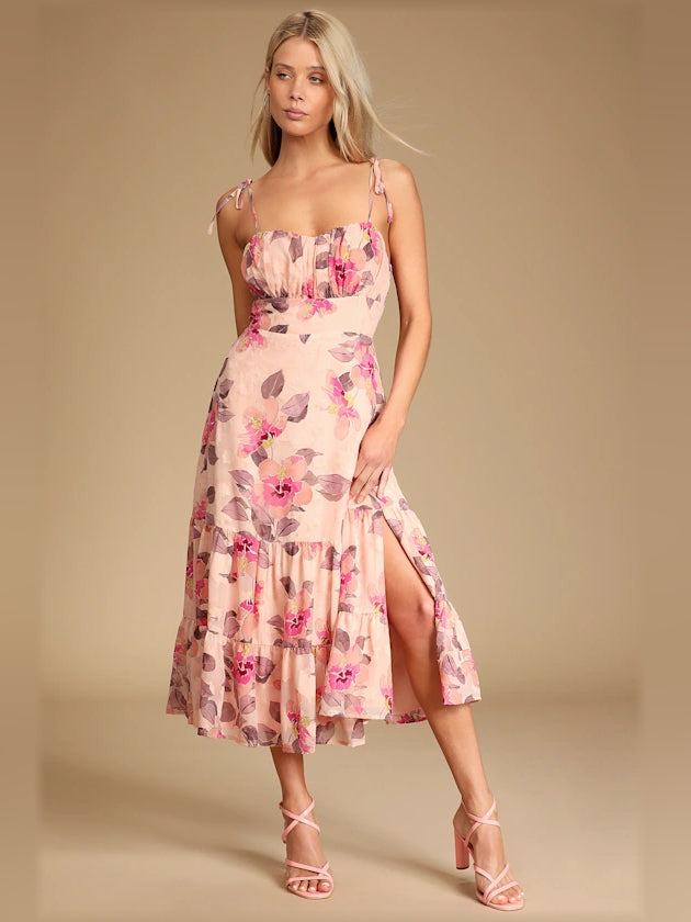 Pink Floral midi formal dress with floral print, full-length front view