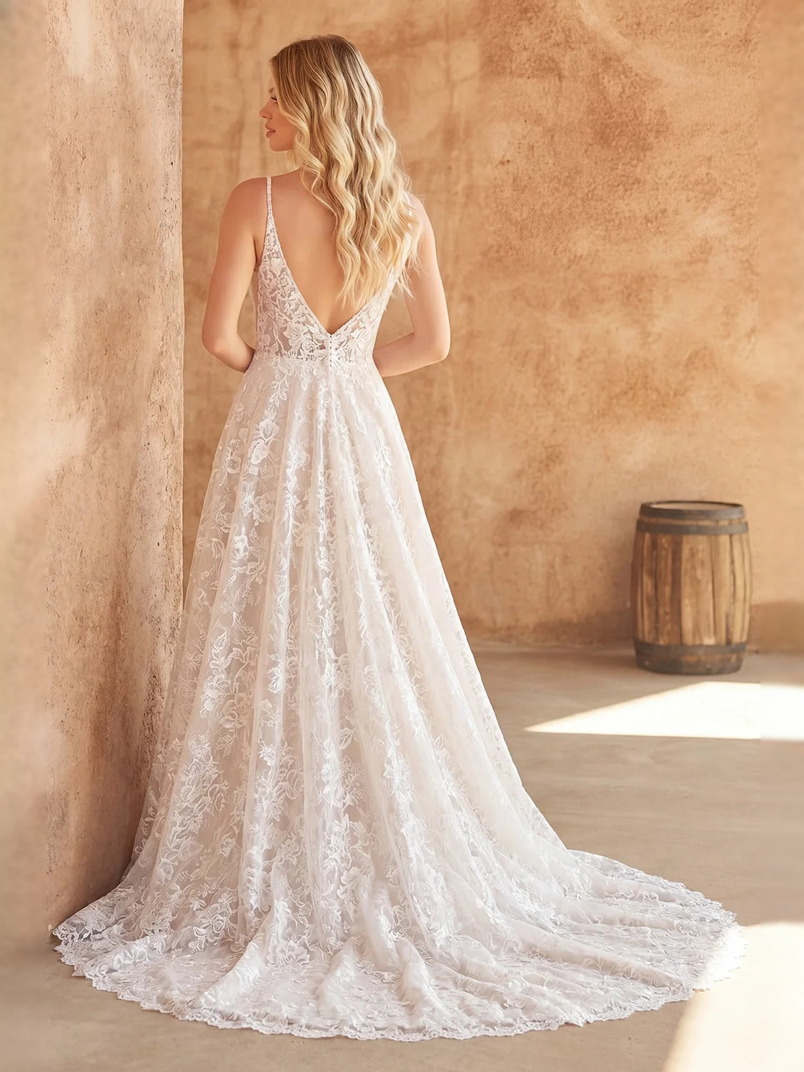Ivory floor-length wedding dress, front view showing the a-line silhouette