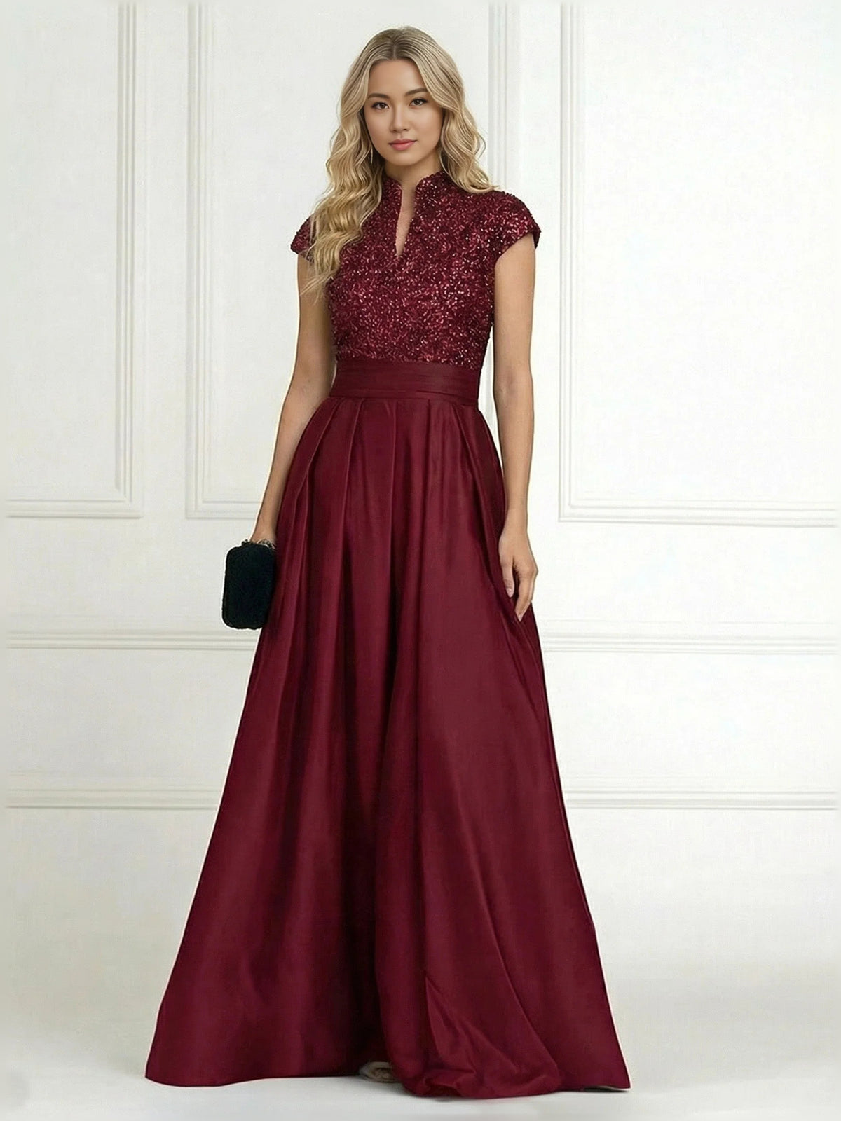 Burgundy floor-length mother of the bride dress, front view showing the a-line silhouette
