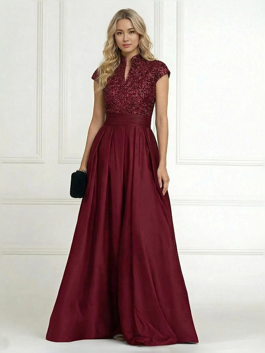Burgundy floor-length mother of the bride dress, front view showing the a-line silhouette