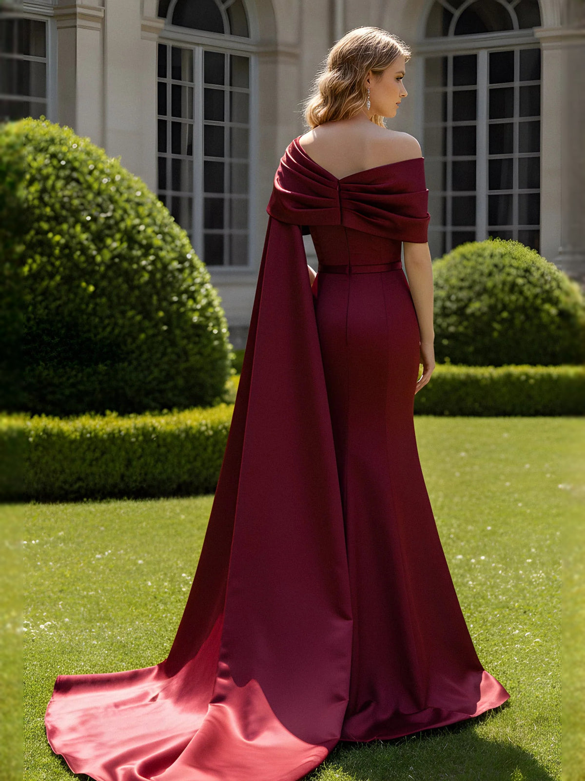 Burgundy floor-length prom dress, front view showing the sheath silhouette