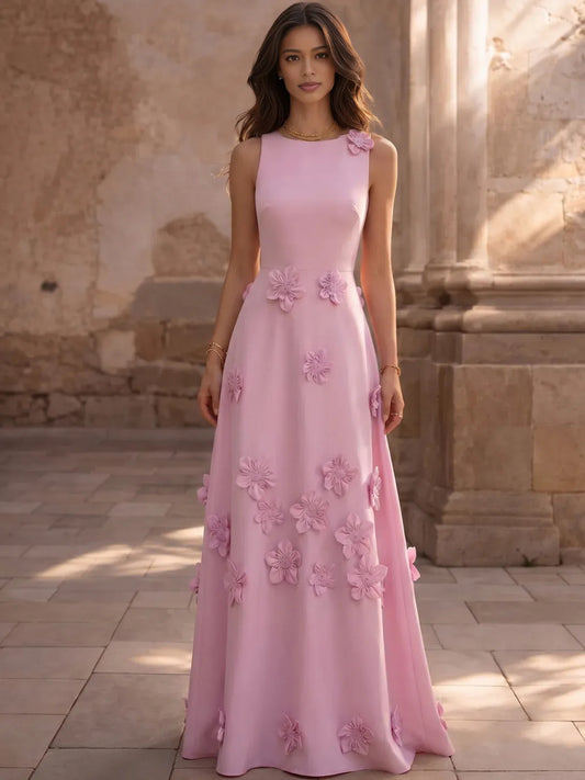 Pink a-line floor-length formal dress with floral print, full-length front view
