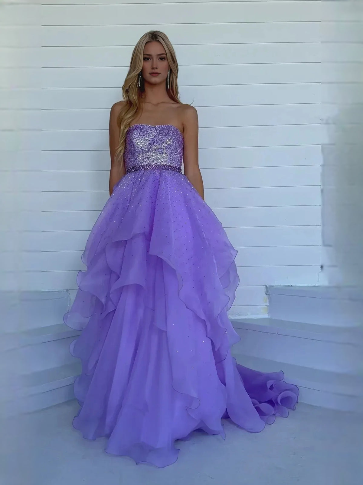 Lilac floor-length prom dress, front view showing the a-line silhouette