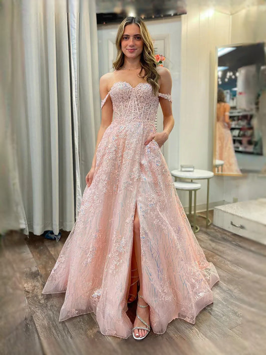 Blush Pink floor-length prom dress, front view showing the a-line silhouette