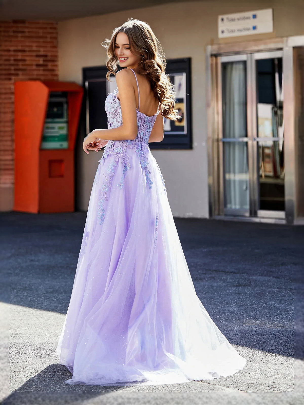 Lilac floor-length prom dress, front view showing the a-line silhouette