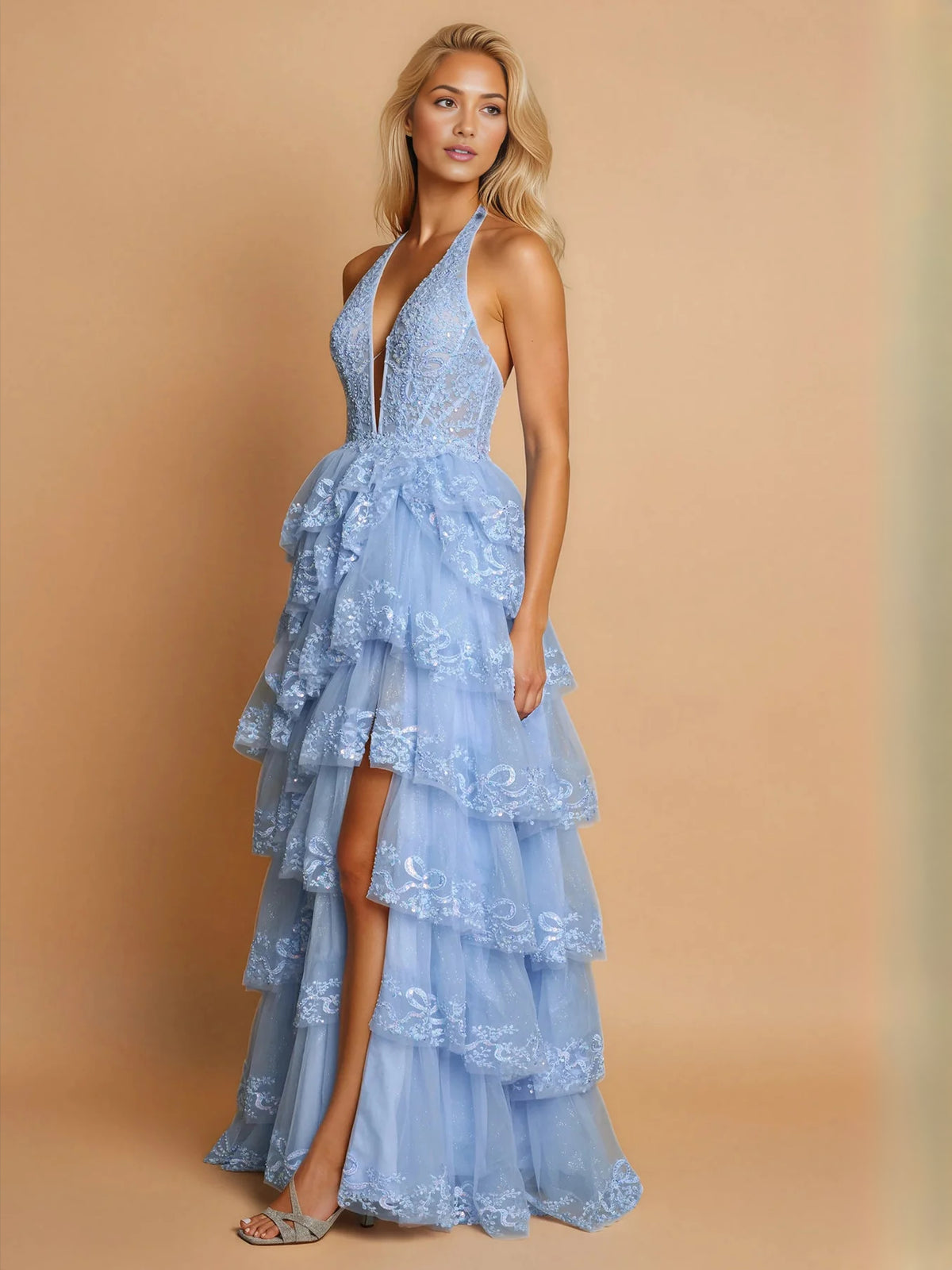 Sky Blue maxi prom dress, front view showing the a-line silhouette