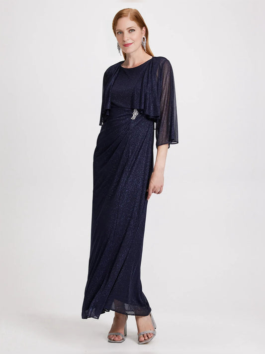 Dark Navy floor-length mother of the bride dress, front view showing the a-line silhouette