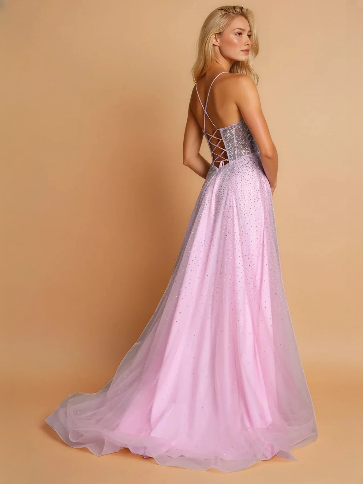 Pink maxi prom dress, front view showing the a-line silhouette