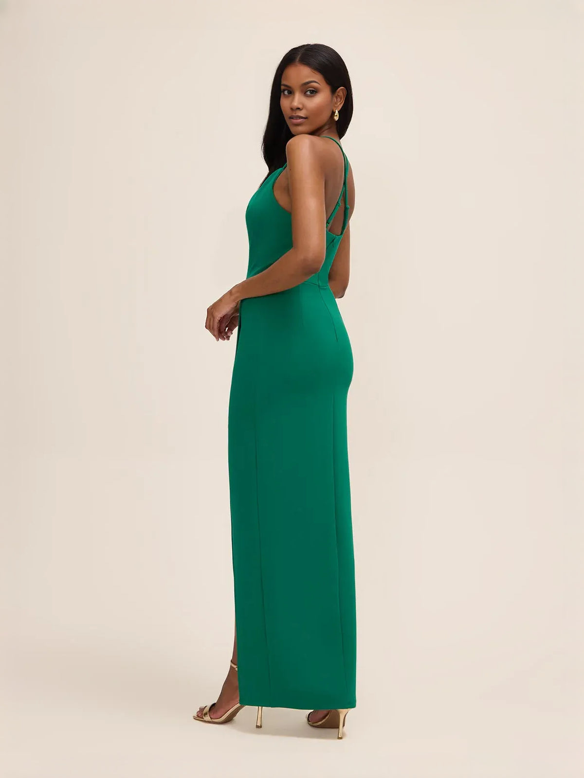 Green floor-length bridesmaid dress, front view showing the sheath silhouette