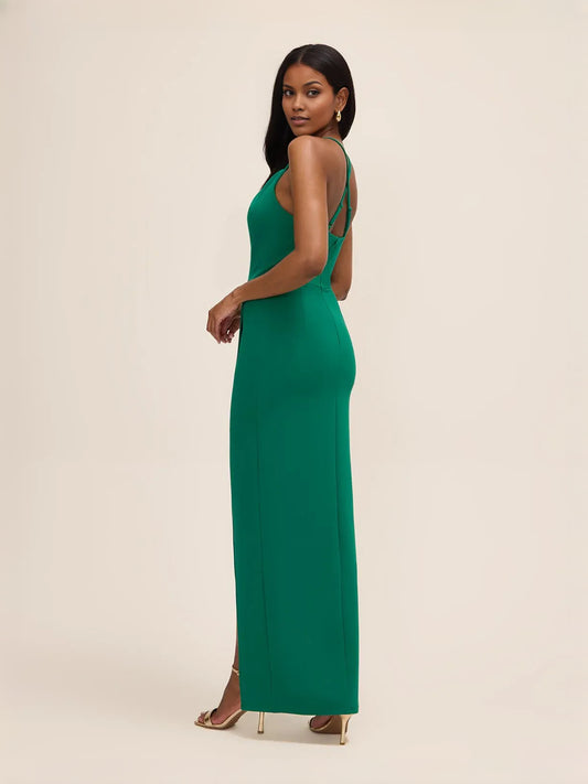 Green floor-length bridesmaid dress, front view showing the sheath silhouette
